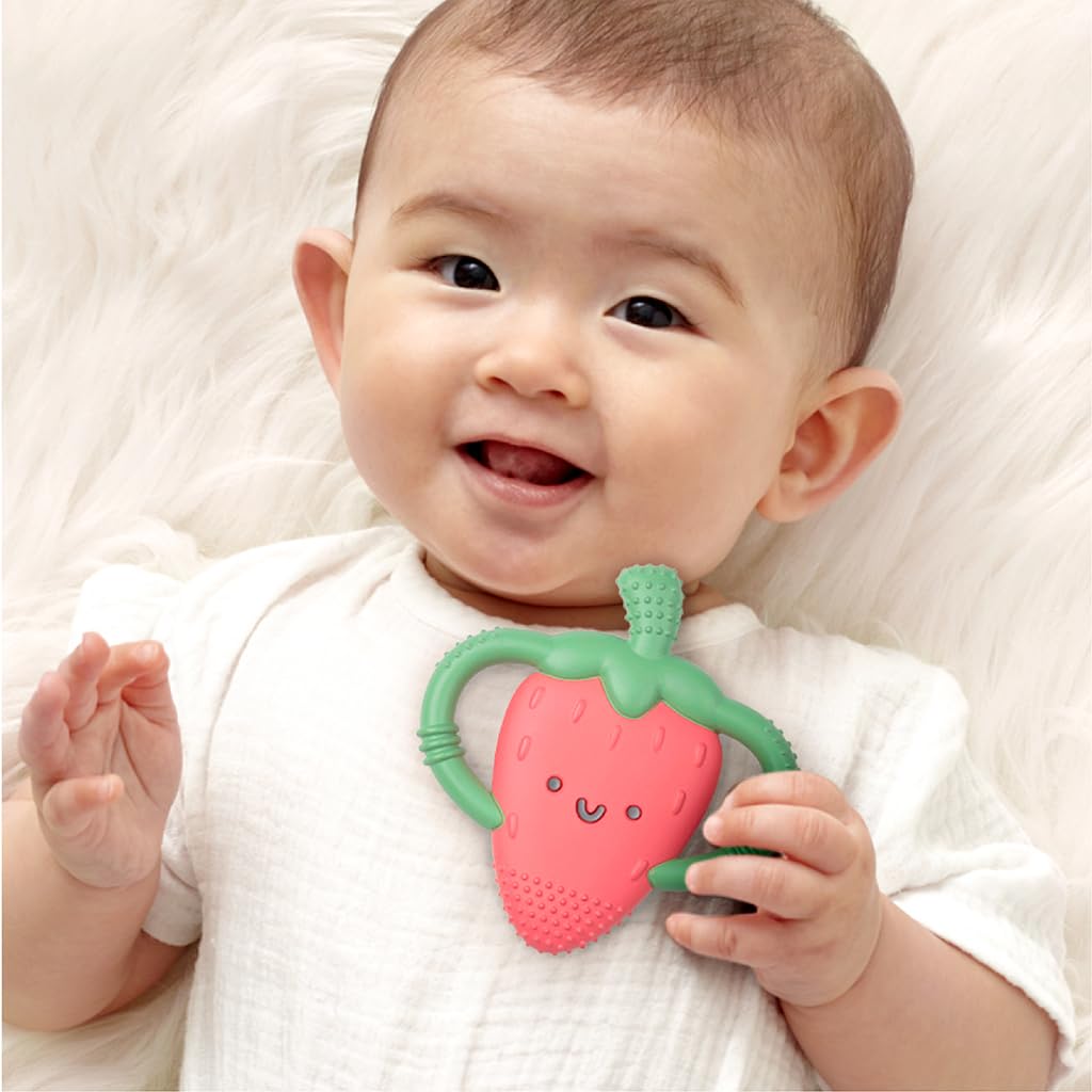 Itzy Ritzy Strawberry-Shaped Baby Teether with Handles - Silicone Teether for Babies with Easy-Grab Handles and Textured, Teethable Surfaces - Baby