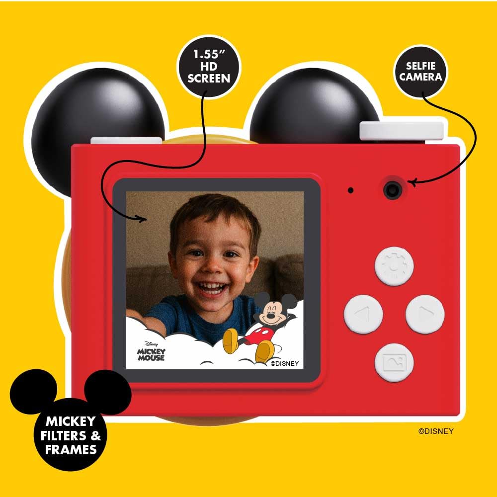 kiimento Ultra-Compact Kids Digital Camera & Video Camcorder for Ages 3-5 with Selfie Lens, 32GB Memory Card, Handmade Strap - Model A (Mickey Mouse)