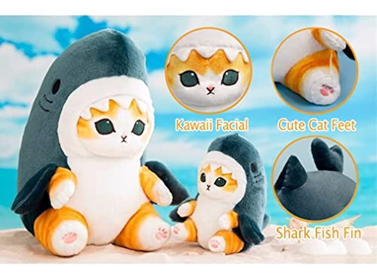TQJOUJOU Cute Shark Cat Plush Toy, 8'' Cat Face Shark Stuffed Animal Plushies Doll, Kawaii Soft Stuffed Cat Shark Pillow Birthday Gift (Blue)