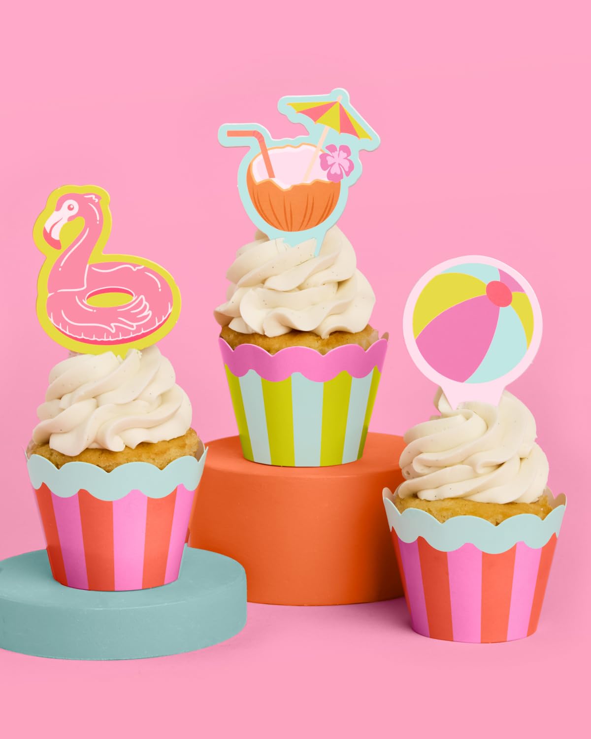 xo, Fetti Pool Party Cupcake Toppers and Wrappers - 24 Pc Set | Summer Birthday Decorations, Tropical Luau, Hawaiian Theme, Kids Party, Beach Ball