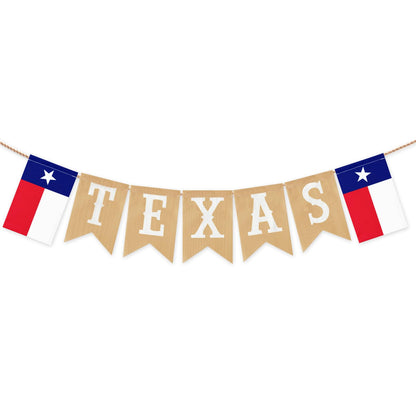 Pre-Strung TEXAS Banner with State Flag Panels, Rustic Linen Burlap Letter Garland for Western Cowboy Birthday, Independence Day, Rodeo Party
