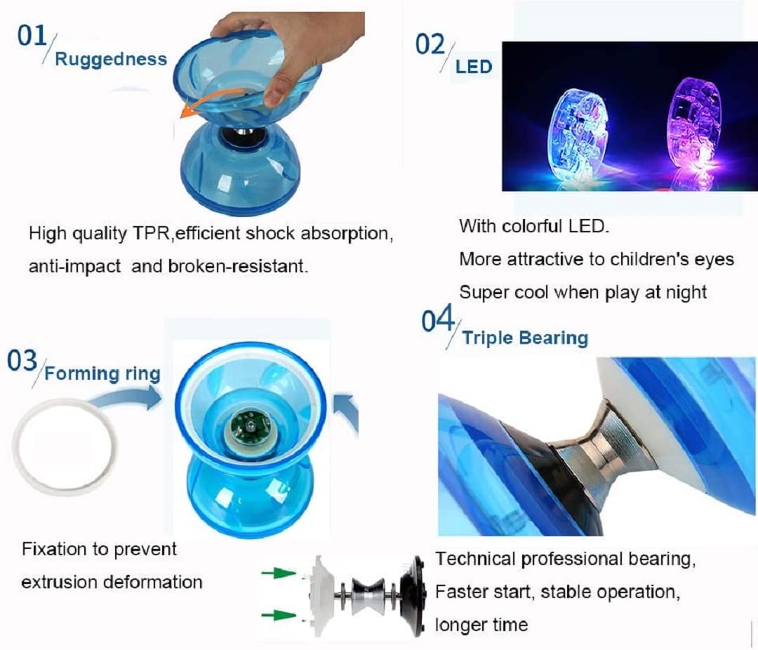 Chinese Diabolo Yoyo Set - Triple Bearing LED Diabolo Yo-yos Juggling Toys with Diablo Sticks, String & Net Bag, Easier Start/Faster/Stable & Lasts