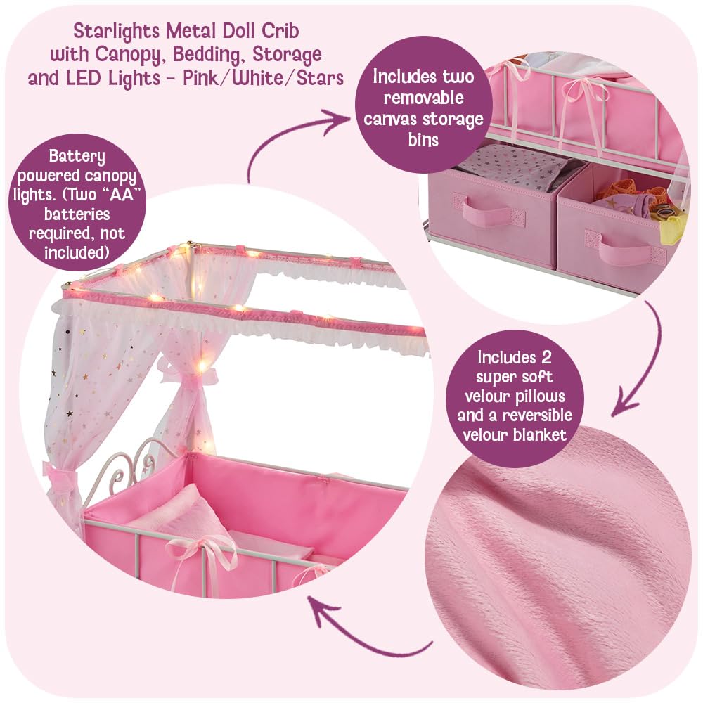 Badger Basket Starlights Metal Doll Crib with Canopy, Bedding, Storage & LED Lights - Pink/White Stars - Fits Dolls up to 18 Inches