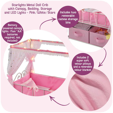 Badger Basket Starlights Metal Doll Crib with Canopy, Bedding, Storage & LED Lights - Pink/White Stars - Fits Dolls up to 18 Inches