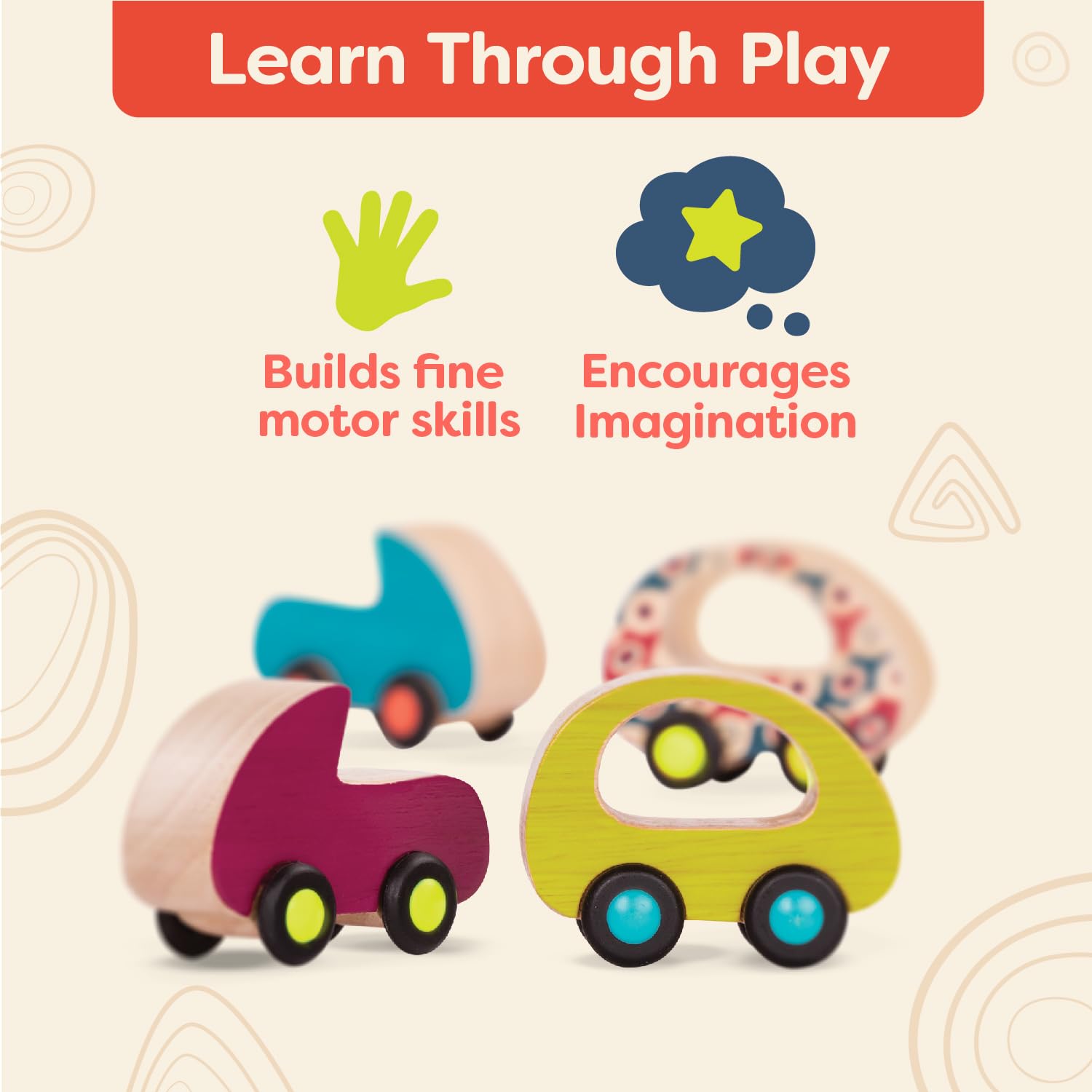B. toys Wooden Toy Cars Set, Free Wheee-Lees, 6 Mini Vehicles, Wood Toys