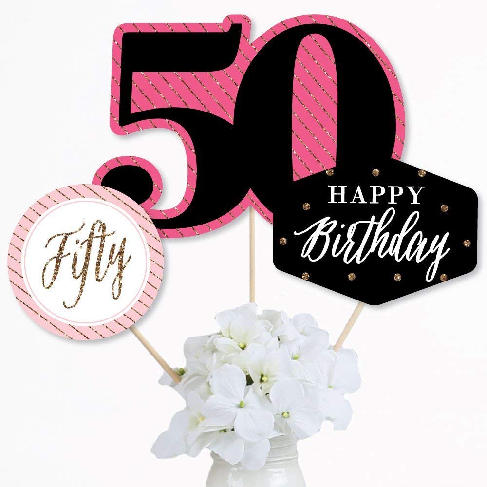 Big Dot of Happiness Chic 50th Birthday - Pink, Black and Gold - Birthday Party Centerpiece Sticks - Table Toppers - Set of 15