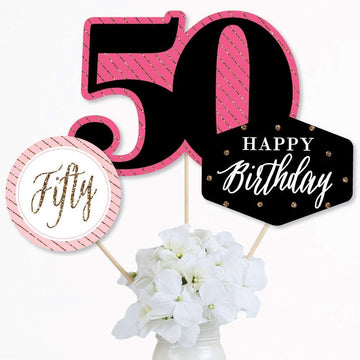 Big Dot of Happiness Chic 50th Birthday - Pink, Black and Gold - Birthday Party Centerpiece Sticks - Table Toppers - Set of 15
