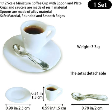 1:12 Scale Miniature Coffee Cup with Spoon and Plate - 1 Set Dollhouse Scene Accessory for DIY Summer Table Setting, Desktop Display, Realistic Resin