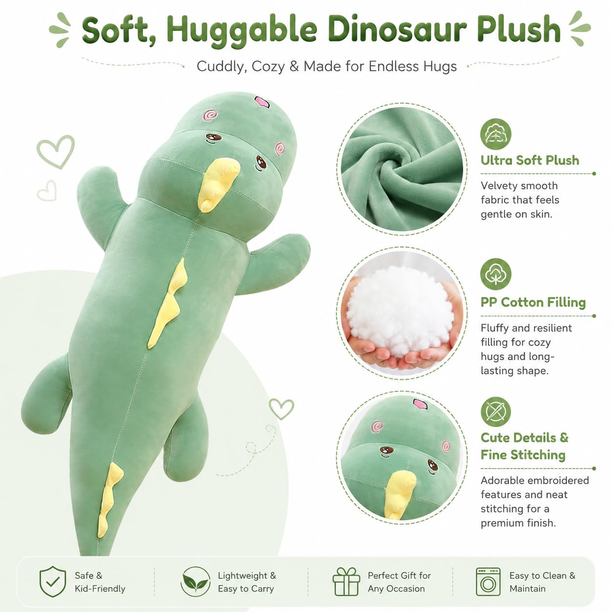 Tianmihou 32 Inch Giant Dinosaur Plush Body Pillow, Cute Long Dinosaur Stuffed Animal, Large Soft Big Dinosaur Plushies Toy, Gifts for Kids Boys Girls