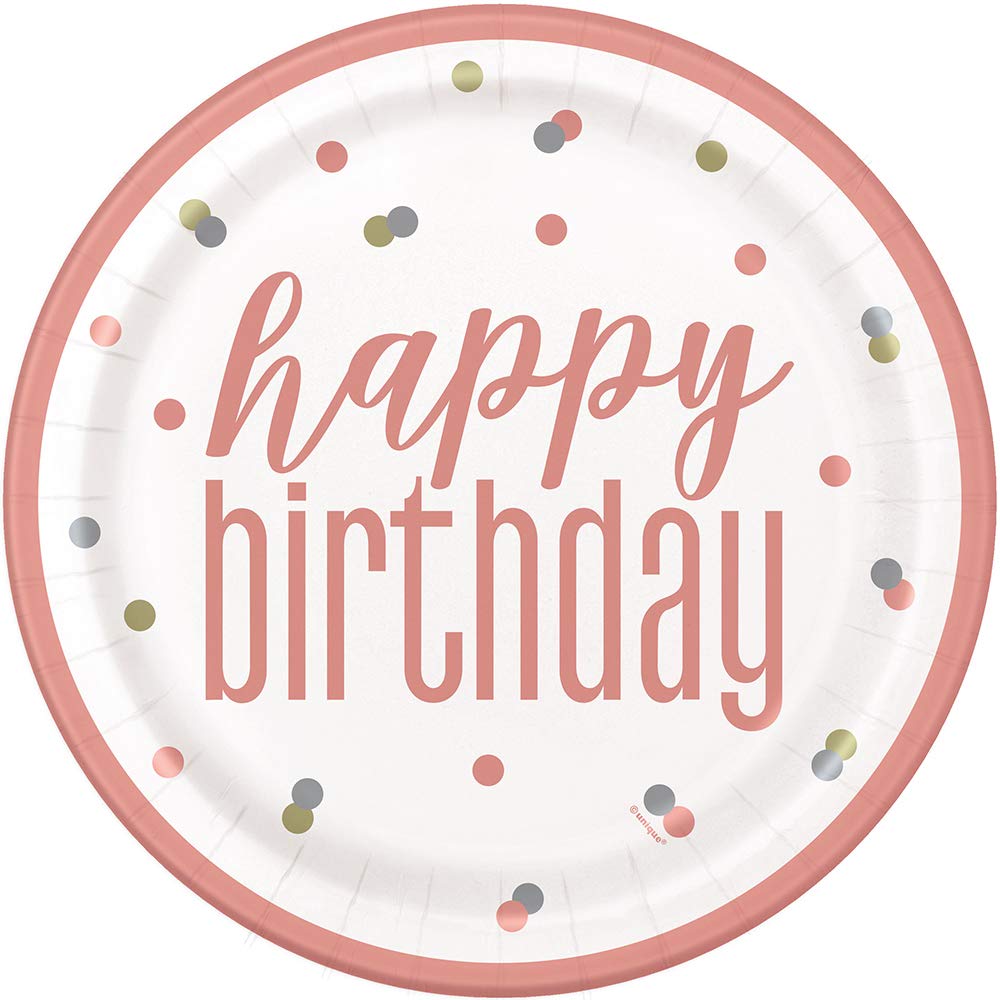 Unique Party 84892 Rose Gold 9" Classic Plates | Happy Birthday Glitz 8ct, 8 Count (Pack of 1)