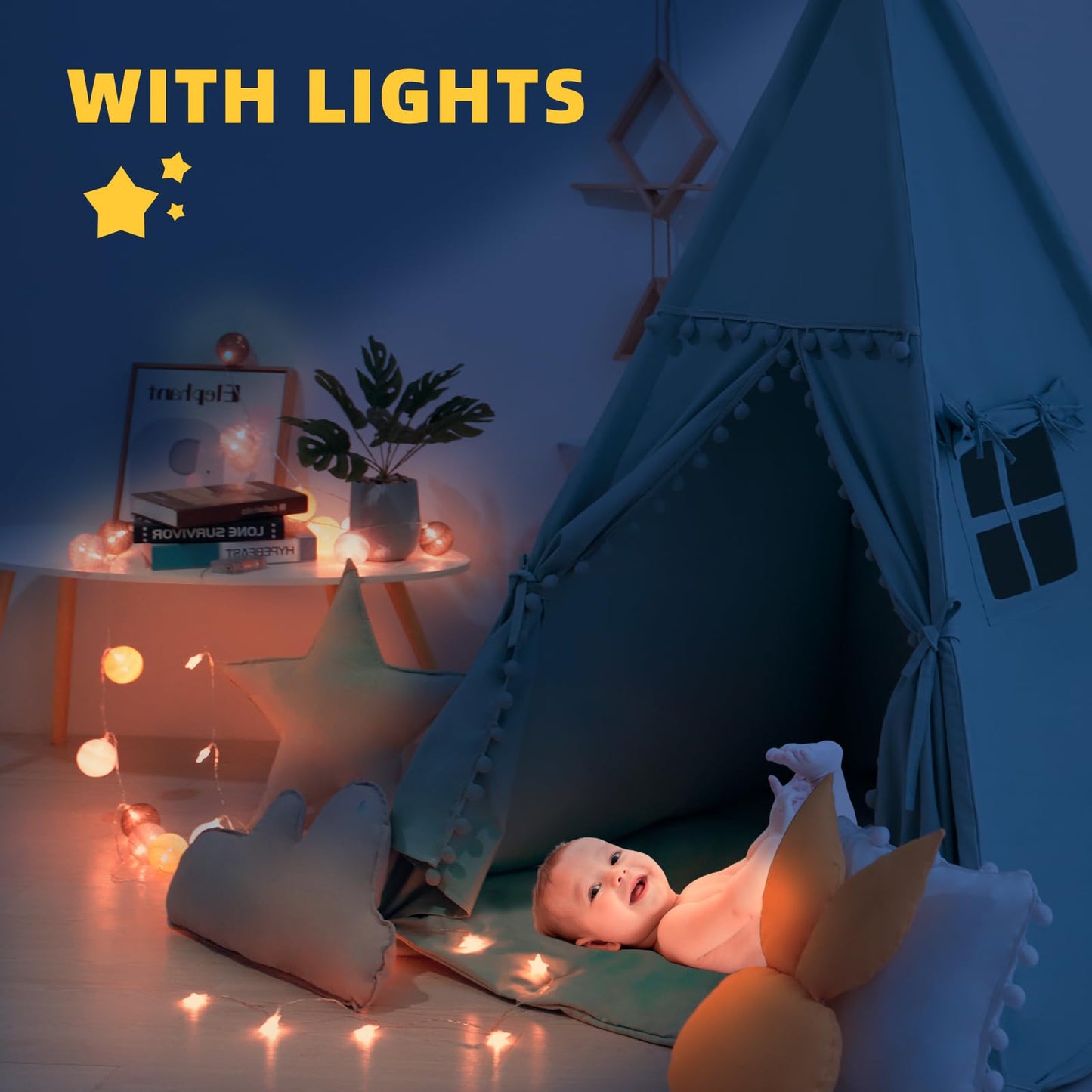 RONGFA Teepee Tent for Kids with Mat, Star Lights, Carry Case, Cotton Canvas Playhouse, Foldable Tents, Portable Children Play Tent Indoor Outdoor