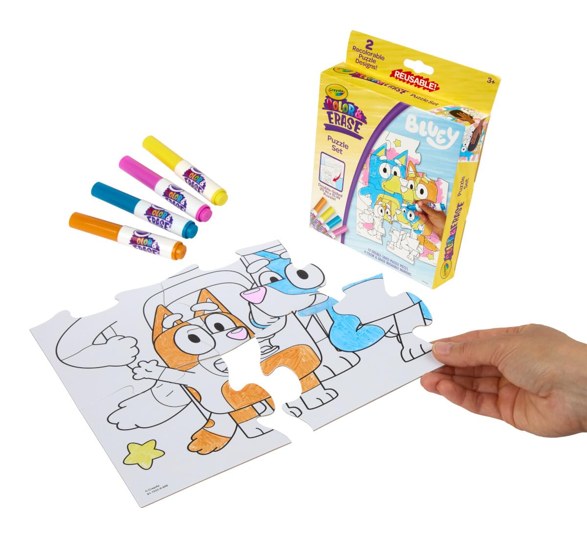 Crayola Color & Erase Bluey Puzzle Set, 12 Color in Puzzle Pieces, Reusable, Double Sided Kids Puzzle, Bluey Gift for Kids, 3+