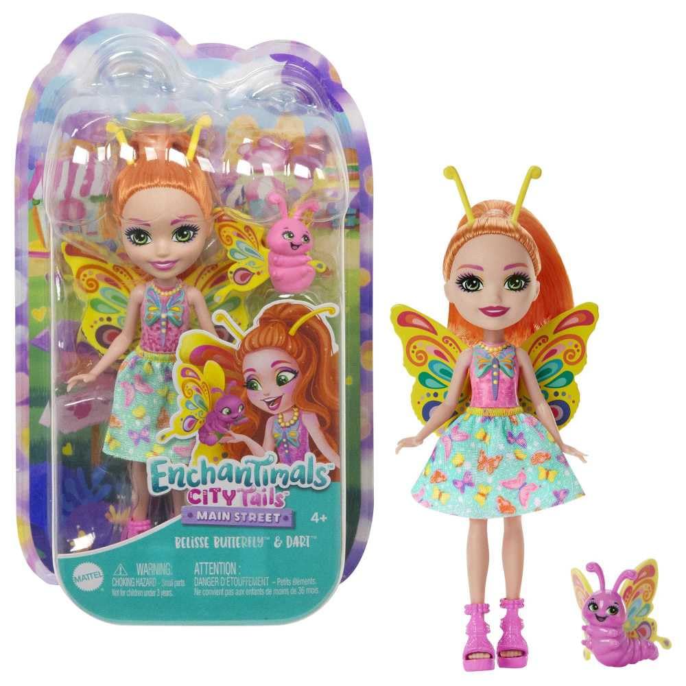 Enchantimals Dolls, City Tails Belisse Butterfly Doll and Dart Animal Friend, Small Doll with Removable Skirt and Accessories, Gifts for Kids, HKN12
