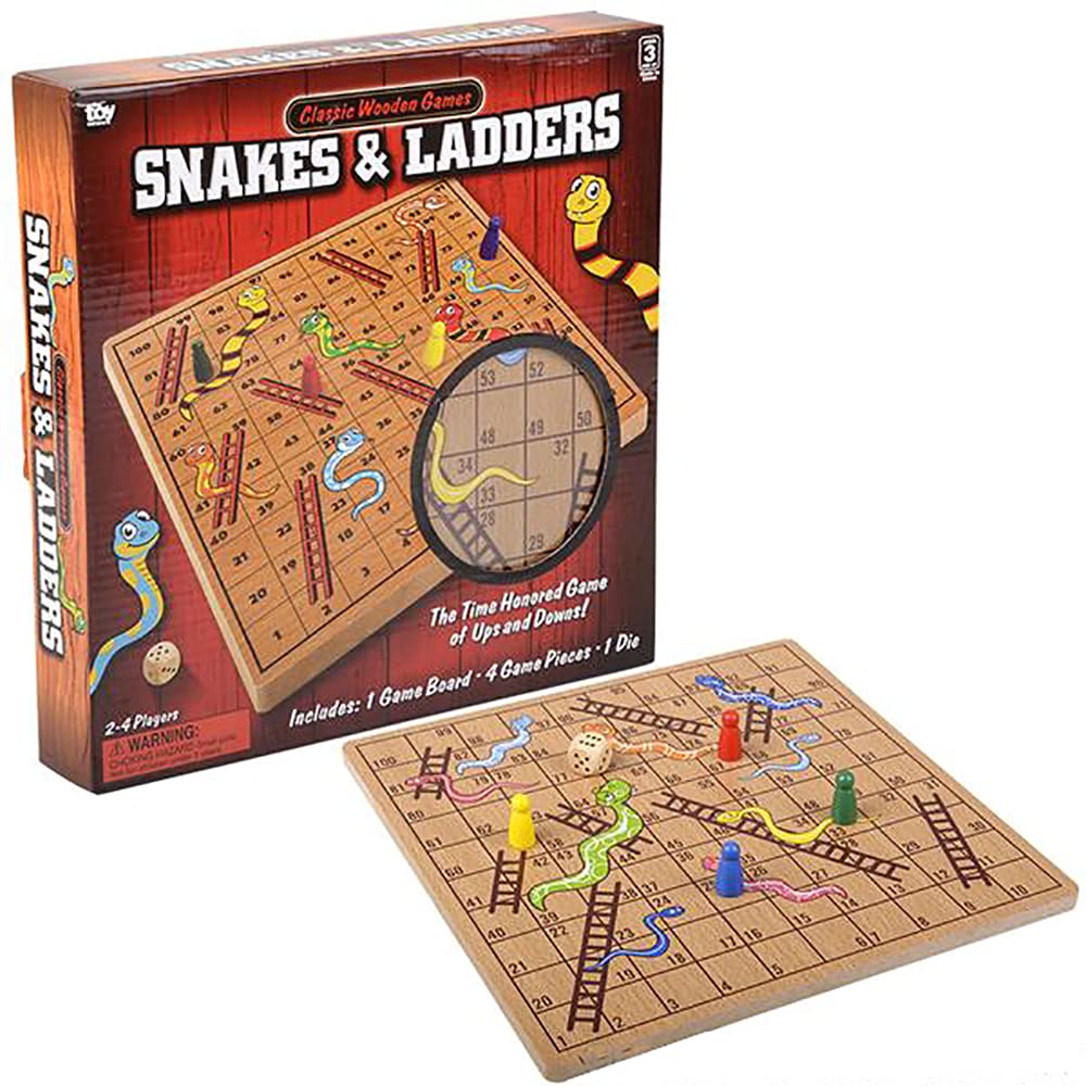 10" Inch Snakes and Ladders Wooden Board Games, Great for Prizes, 10" (10" Wooden Snakes & Ladders)
