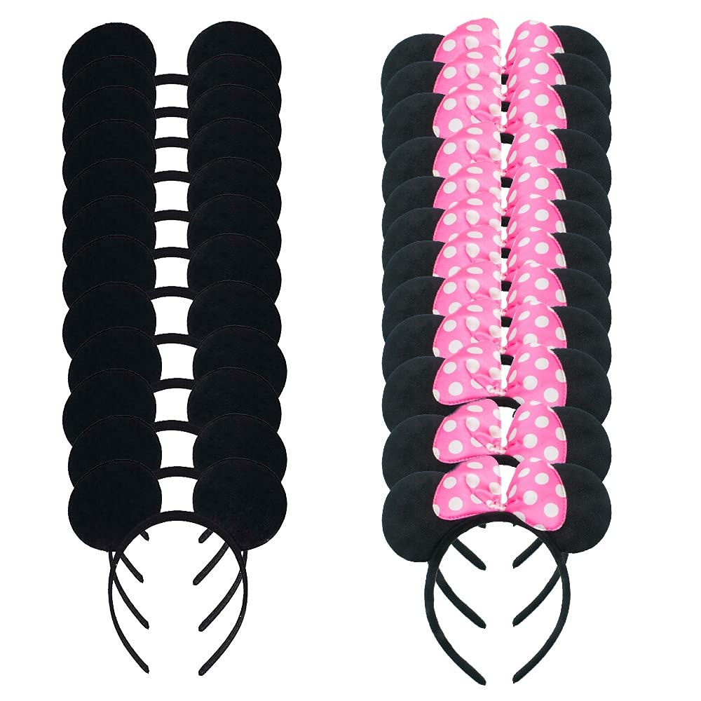 LEEMASING 24 Pack Mouse Costume Deluxe Fabric Ears Headband Birthday Hairs Accessories Baby Shower Headwear (Pink Black)