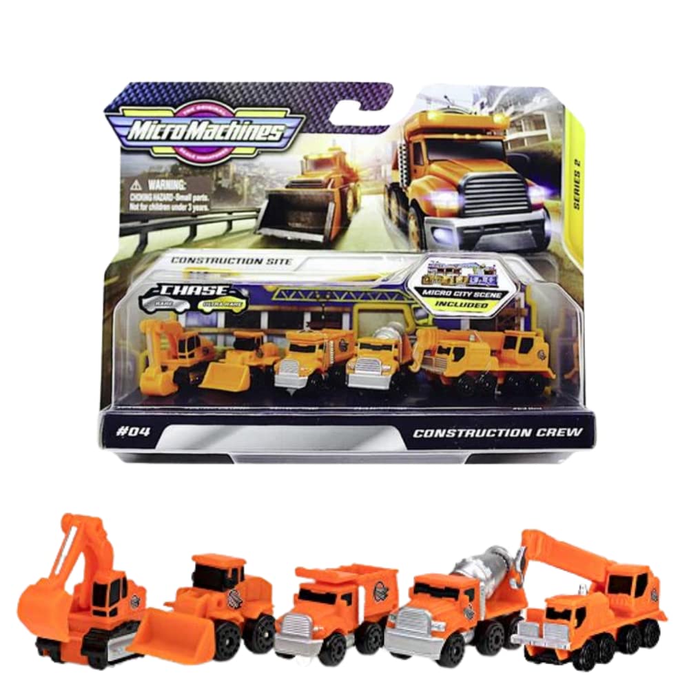 Micro Machines MMW0021 Construction Crew Pack, Features 5 Plus Corresponding Scene-Highly Collectible Themed Toy Cars - Tiny Vehicles, Huge World