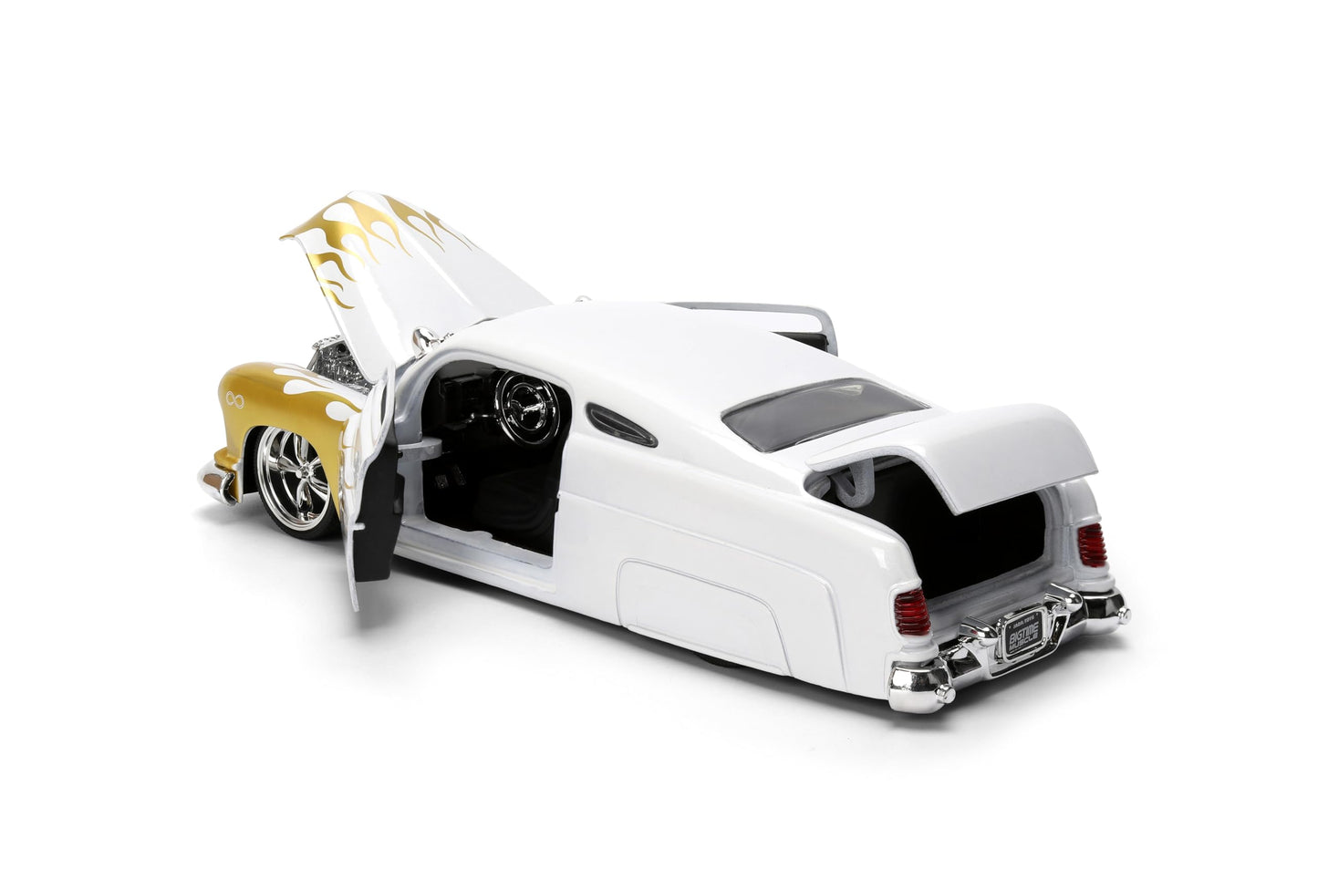 Jada Toys Bigtime Muscle 1:24 1951 Mercury Die-cast Car - Opening Doors, Hood, Trunk, Rubber Tires(White/Gold Flames)