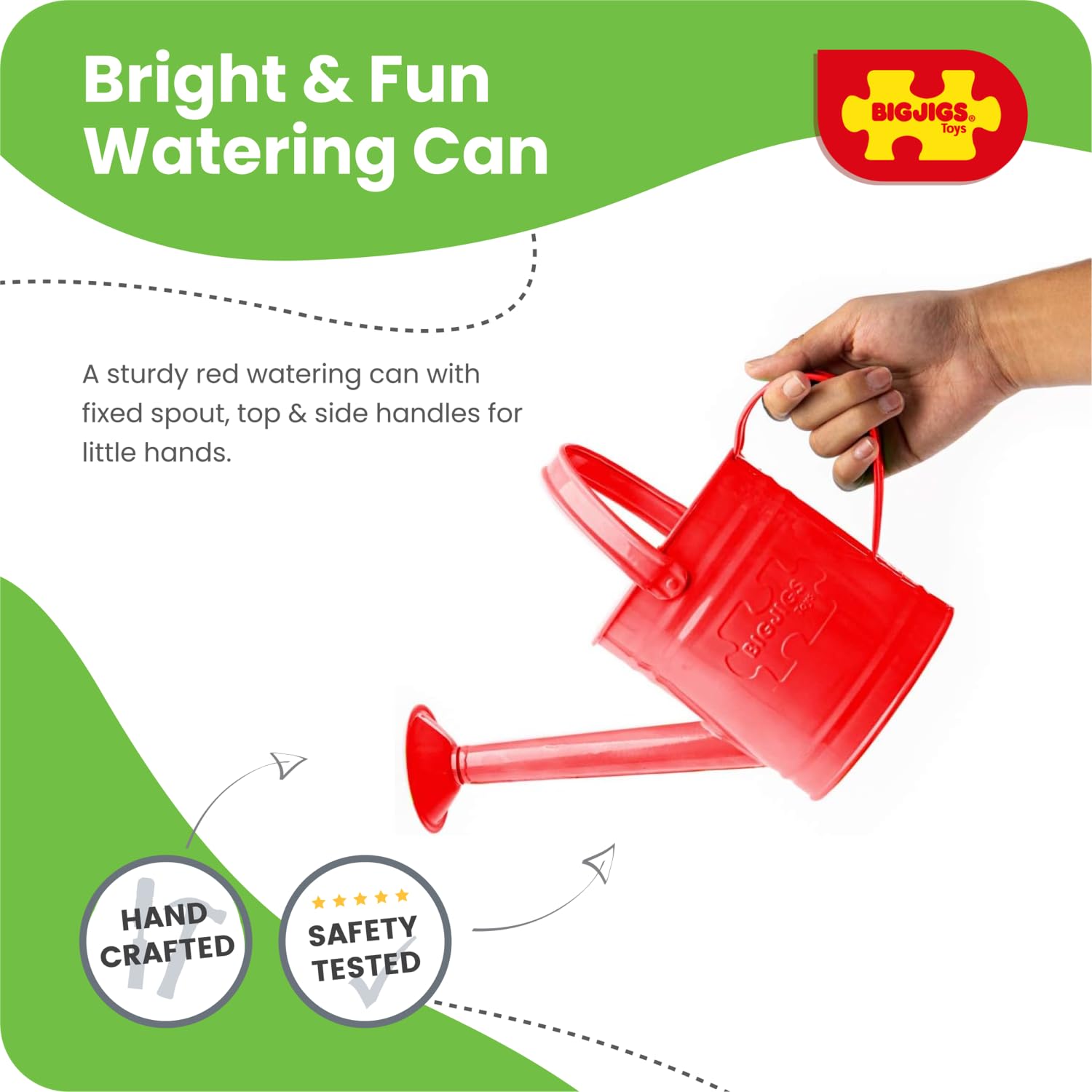 Bigjigs Toys Red Children's Watering Can with Fixed Spout, Top & Side Handle - Sturdy Kids Watering Can, Quality Kids Gardening Tools & Childrens