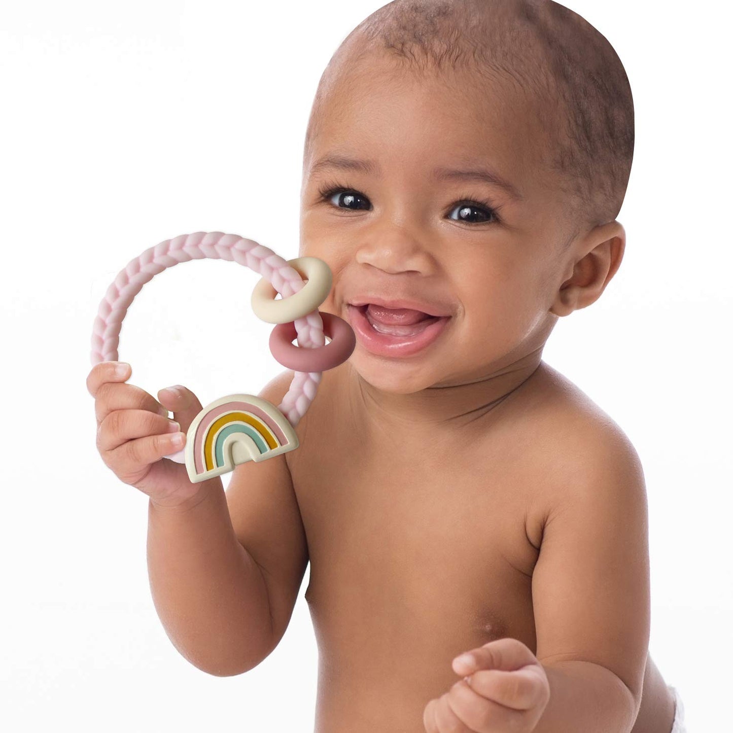 Itzy Ritzy Silicone Teether with Rattle - Rattle Teether Features Rattling Sound, Two Silicone Teething Rings and Raised Texture to Soothe Gums - Ages