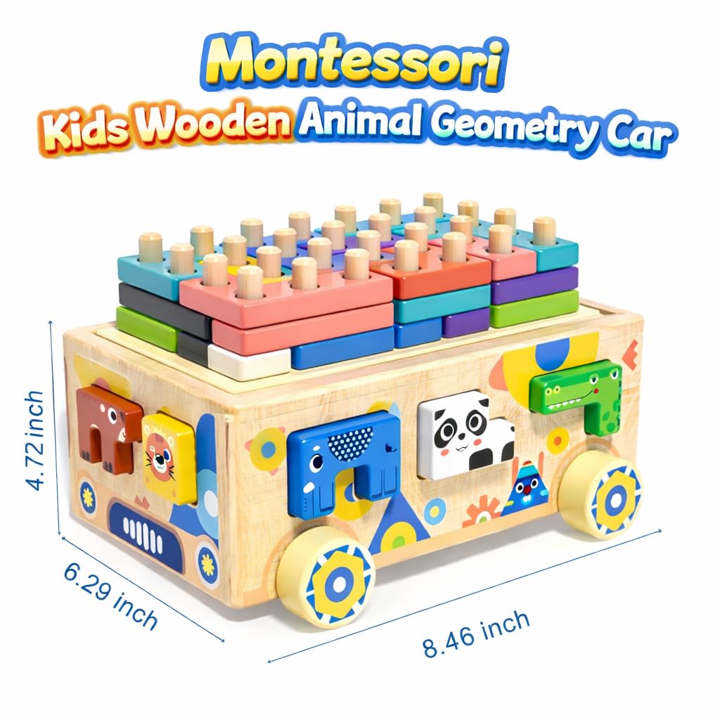 Wooden Montessori Toddler Toy Car Animal Shape Sorting & Peg Stacking Blocks Educational Learning Toy for Toddlers Ages 2-4 Fine Motor Skills