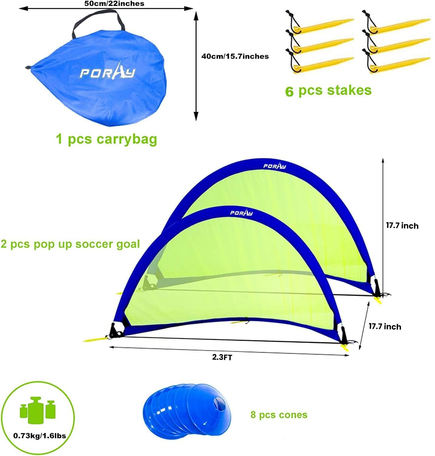 Poray Soccer Goal for Kid Easy-up Set of Two Portable Soccer Net 210D Oxford with 8 Field Marker Cones Extra Stakes Fun for Backyard and Soccer