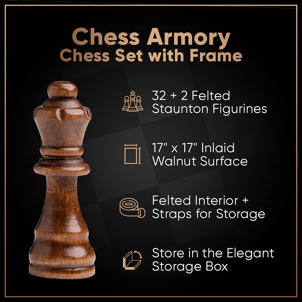 Chess Armory Wooden Chess Set - 17-Inch Large Chess Board with Felted Storage Box, Extra Queens & Handcrafted Staunton Pieces