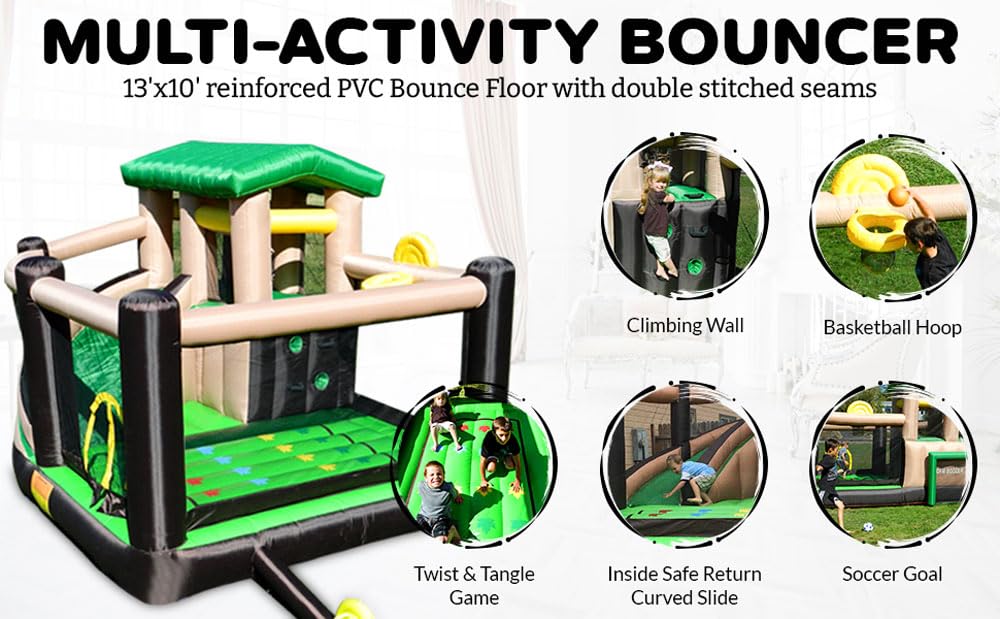 Island Hopper Fort All Sport 7-in-1 Inflatable Bounce House - Climbing Wall, Slide, Soccer Goal, Basketball Hoop & More - Outdoor & Indoor Bounce