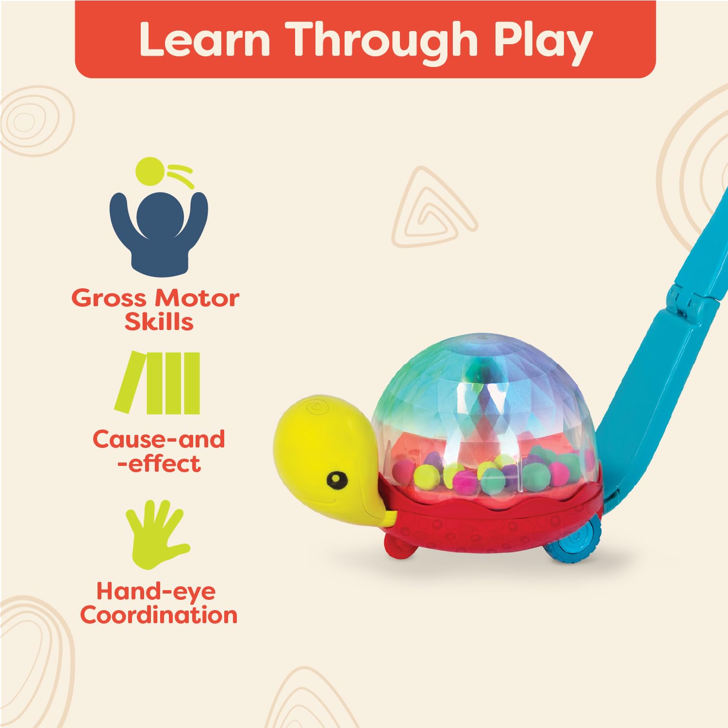 B. toys - Ball Popper & Walker - Push Toy for Baby, Toddler - Light-Up Turtle Toy for Crawling Or Walking - Removable Handle - 1 Year + - Walk ‘n’