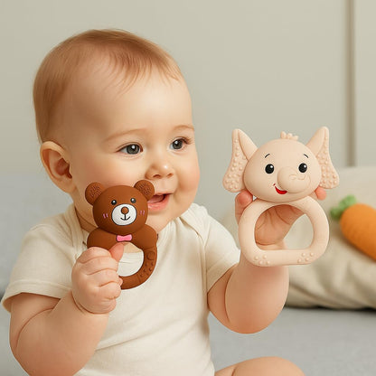 Kiddo Toyz Silicone Baby Teether 2-Pack (Elephant & Deer) - BPA-Free, Soft, Safe, and Easy to Hold for Infants