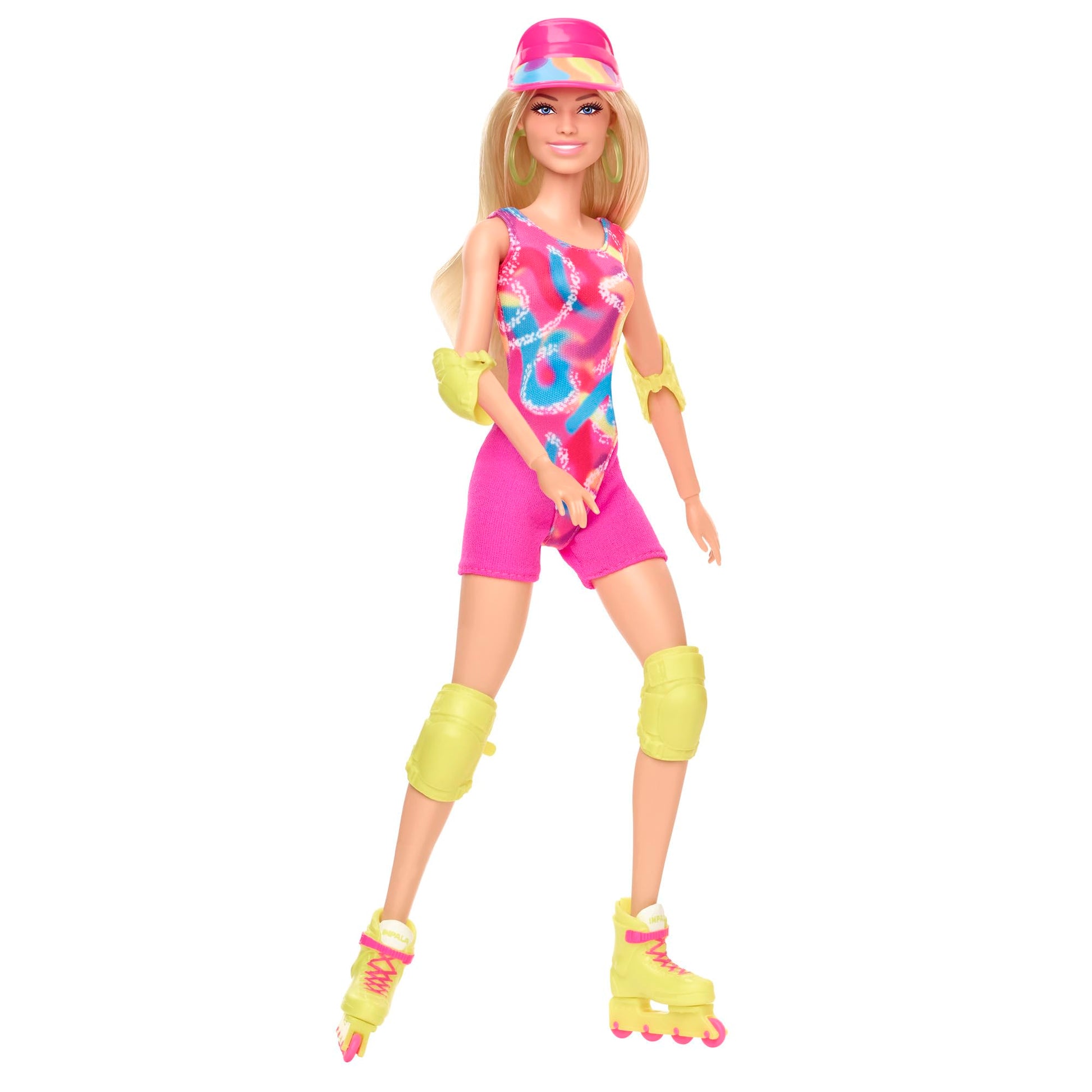 Barbie The Movie Margot Robbie - Skating Doll with Neon Outfit, Retro Gymnastics Suit, Pink Biker Shorts, Sun Shield, Neon Green Hoop Earrings