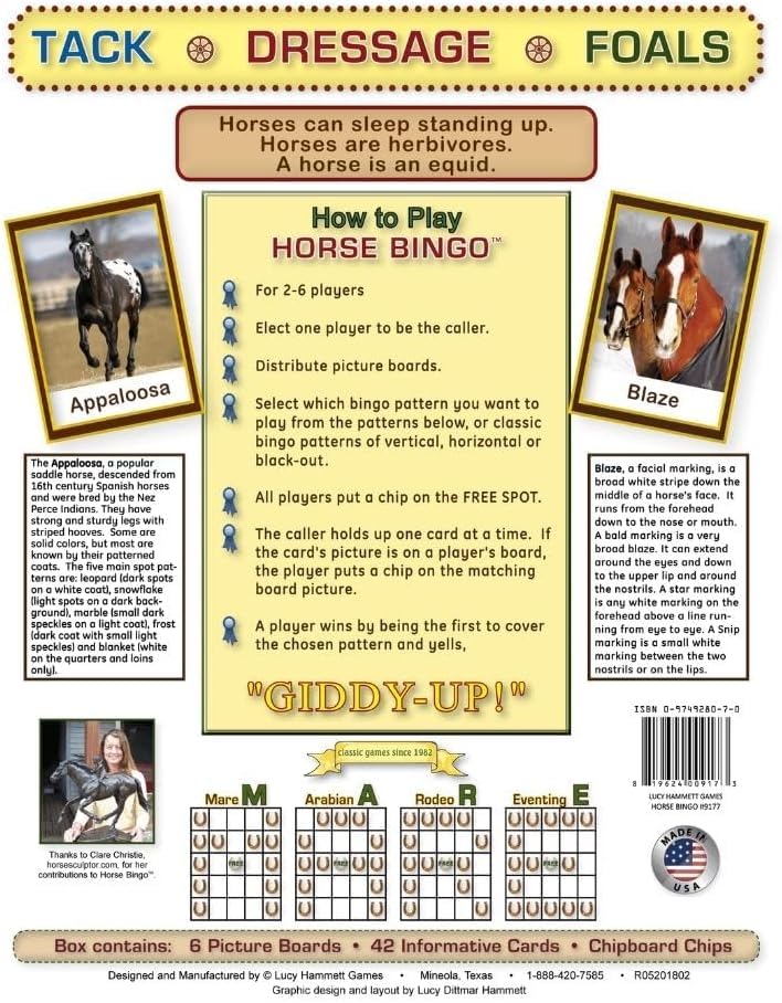 Horse Bingo Educational Game | 6 Picture Boards, 42 Informative Cards & Bingo Chips | Fun for All Ages | Made in The USA