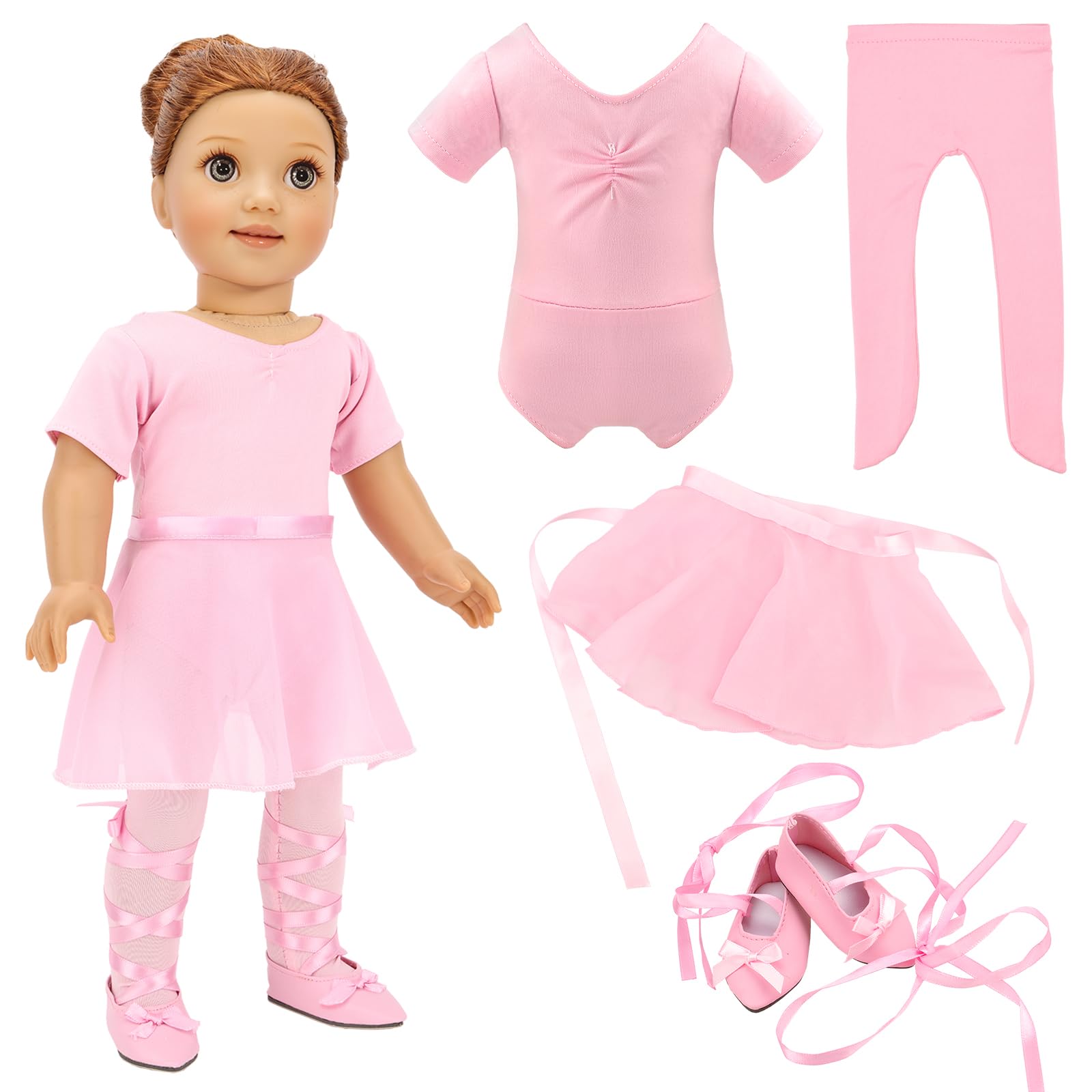 BARWA 18 Inch Doll Clothes Ballet Ballerina Outfits Dance Dress Custume Compatible with 18 Inch Dolls - 4 PCS Leotard with Tutu Skirt, Tights
