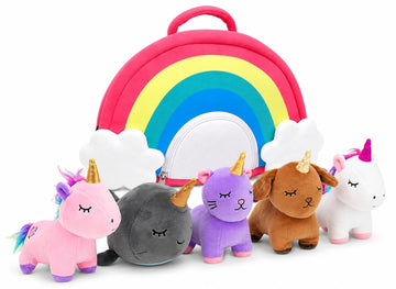 PixieCrush Unicorn Stuffed Animal Set - 5 Plush Toys for Girls with Narwhal, Puppycorn, Kittycorn and Rainbow Unicorn - Soft Plushies with Carry Case
