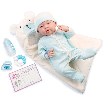 JC Toys - La Newborn Nursery | 8 Piece Bunting Soft Body Baby Doll Gift Set | 15.5" Life-Like Soft and Posable Newborn Doll with Accessories | Blue