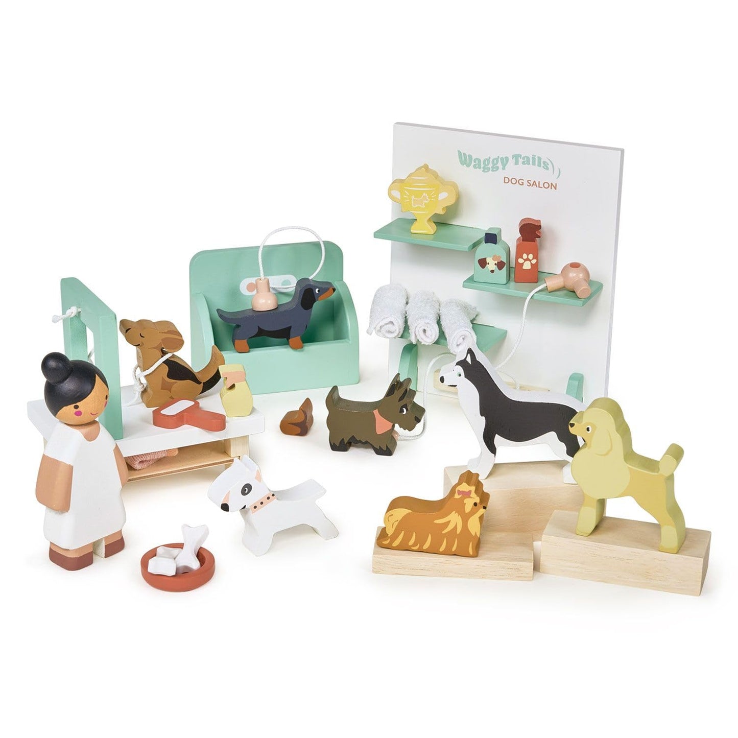Tender Leaf Toys - Waggy Tails Dog Salon Wooden Interactive Pet Care Grooming Play Set for Kids Fun Role-Play Learn Responsibility Improve Fine Motor