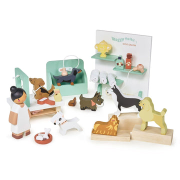 Tender Leaf Toys - Waggy Tails Dog Salon Wooden Interactive Pet Care Grooming Play Set for Kids Fun Role-Play Learn Responsibility Improve Fine Motor