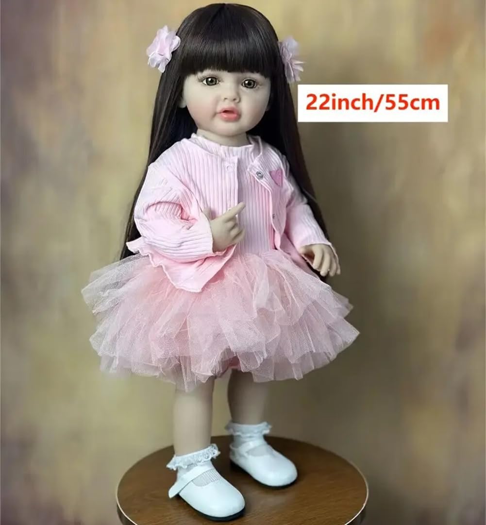 22-Inch Pink Reborn Baby Girls Doll Real Born Baby Doll Girl Toddler Newborn Baby Dolls with Toy Accessory Life Like Full Vinyl Bathable Body Brown