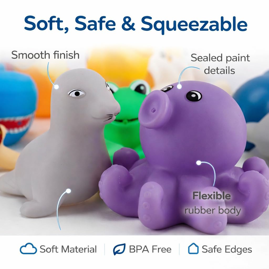15 PCS Ocean Animals Rubber Bath Toy Water Squirters with Floating Bathtub Squeeze and Play Soft Sea Creatures anf Fishing Net for Baby, Toddlers