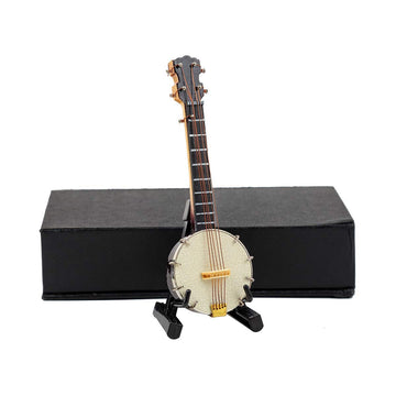 Dselvgvu Wooden Miniature Banjo with Stand and Case Mini Musical Instrument Banjo Replica Collectible Figurines Dollhouse Accessories Model Home