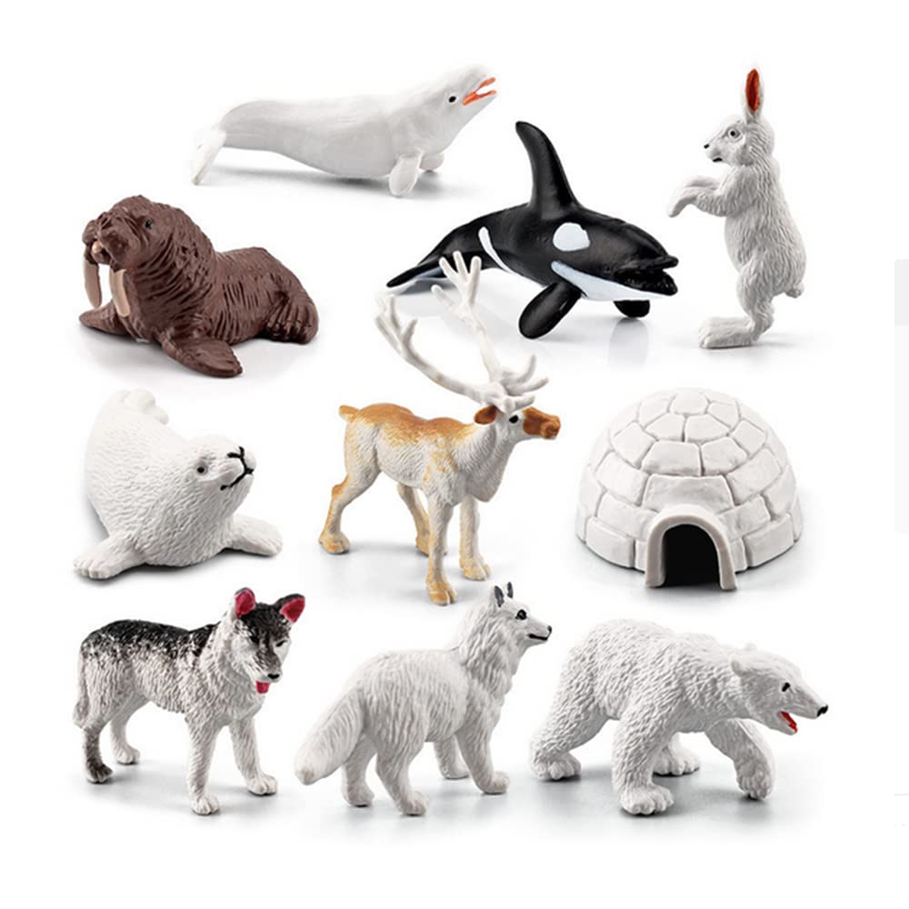 OUKEYI 10PCS Realistic Polar Animals Figurines - Mini Arctic Animals Toys Set - 1-2 Inch Plastic Tundra Deer, Bear, Fox Kids Diorama Birthday Gift