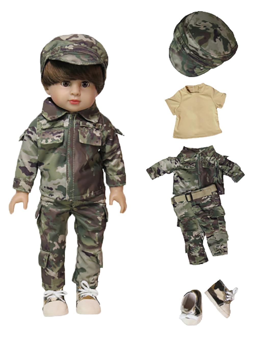 American Fashion World Military Army Outfit for 18 Inch Dolls - Camo Jacket, Pants, Hat, Shirt, and Sneakers
