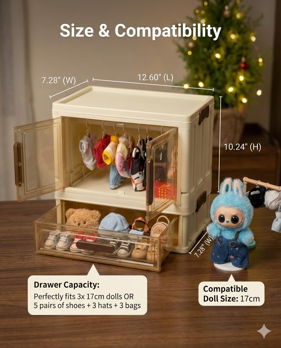 All in One Organize Kits Wardrobe Compatible with Labubu, Include Hangers,Clothes Rack &Stand, Display Case for Outfit Storage and Accessories Arts