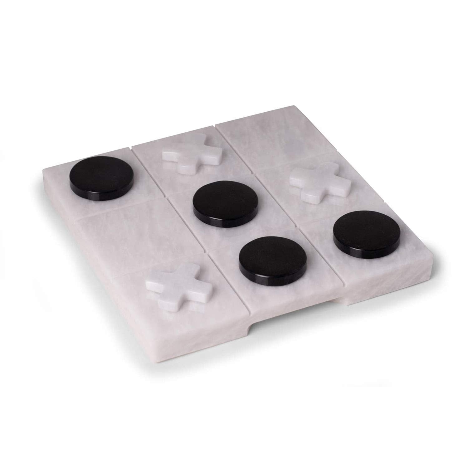 Bey-Berk Marble Tic Tac Toe Set, 9" x 9" White Board with Black & White Playing Pieces, Elegant Coffee Table Game