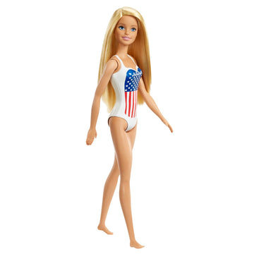 Barbie GPB17 Beach Blonde Doll One-Piece Swimsuit with American Flag Inspired Design for Children Toy