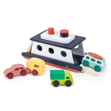 Mentari Toys - Car Ferry - Wooden Boat Set with 4 Vehicles - Includes Car, Caravan, Campervan, and Truck - Interactive Loading & Unloading Toy