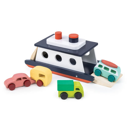 Mentari Toys - Car Ferry - Wooden Boat Set with 4 Vehicles - Includes Car, Caravan, Campervan, and Truck - Interactive Loading & Unloading Toy