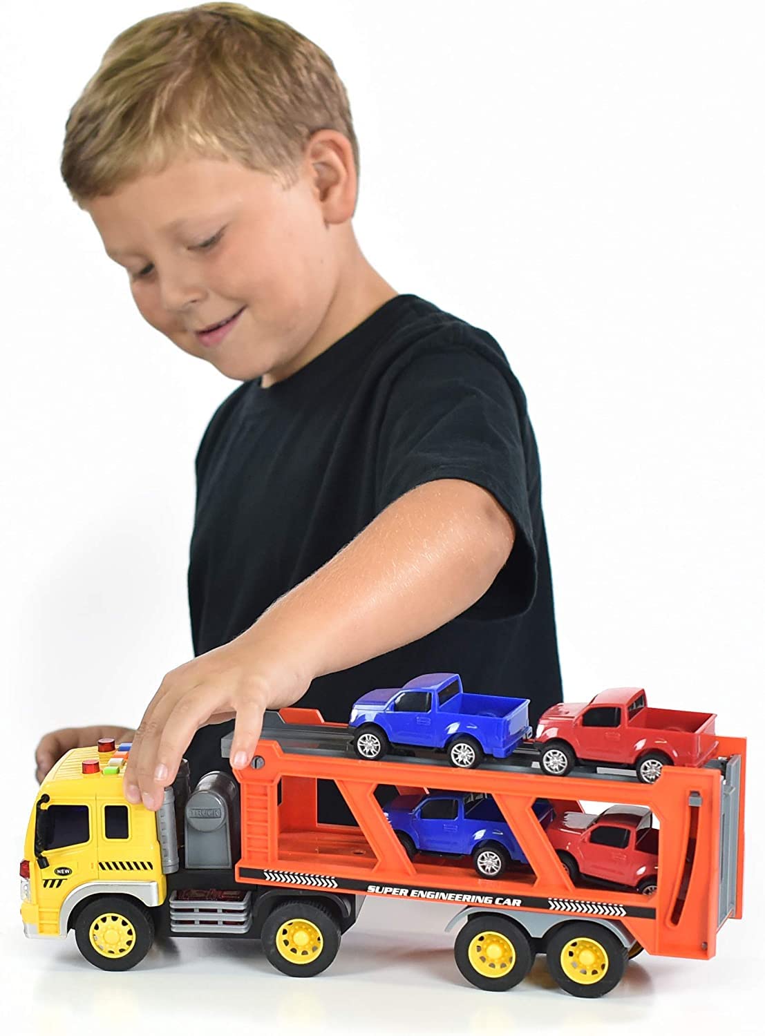 Sunny Days Entertainment Maxx Action 17’’ Vehicle Transport with 4 Diecast Trucks - Bright Lights and Car Sounds | Friction Powered Trailer | 6 Piece