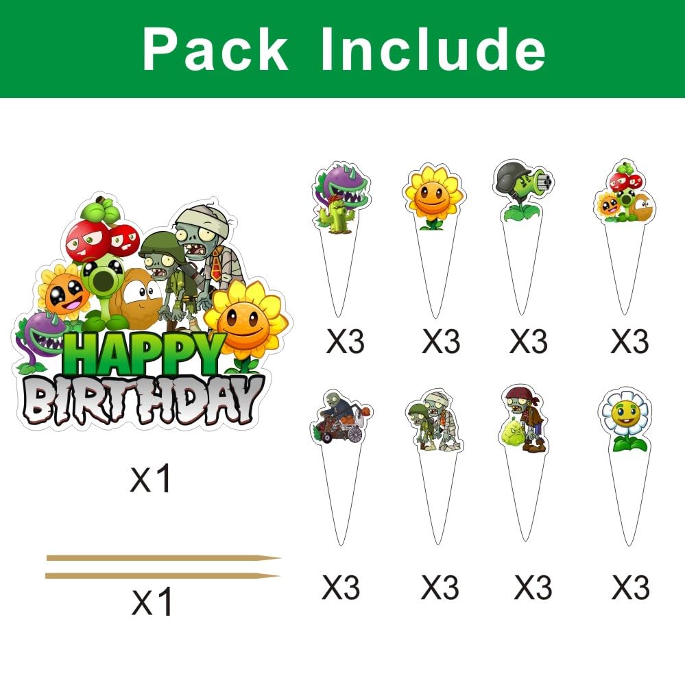 25Pcs Plants and Zombies Cake Decorations with 24pcs Cupcake Toppers, 1pcs Cake Topper for Kids Birthday Party Supplies
