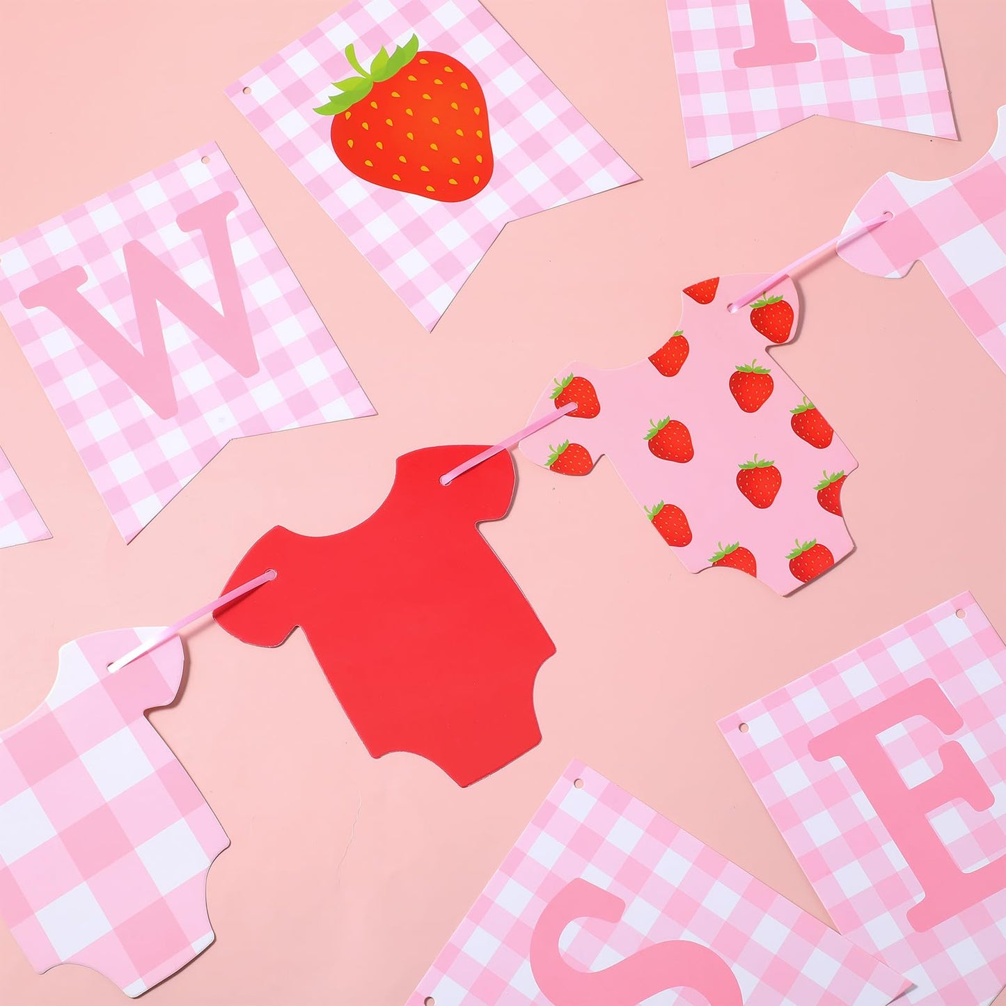 Maitys 3 Pcs Strawberry Baby Shower Decorations Girl Banners Pink Gingham Paper Garland with Baby Clothes Shaped Bunting for Girl Strawberry Birthday
