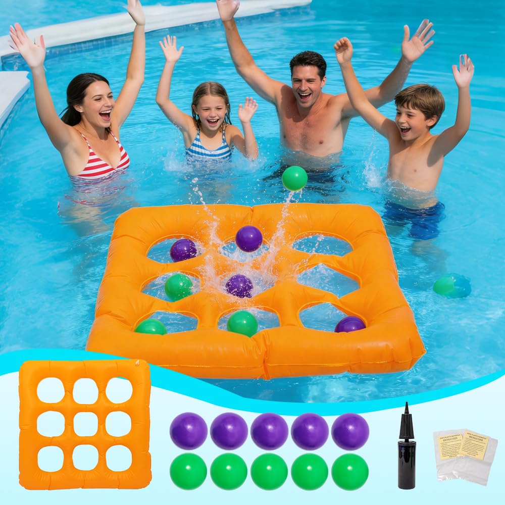 BlivEclat Pool Tic Tac Toe Game Inflatable with 10 Balls, Floating Tic-Tac-Toe Toy for Swimming Pool, Summer Water Toys for Adults Teens Kids